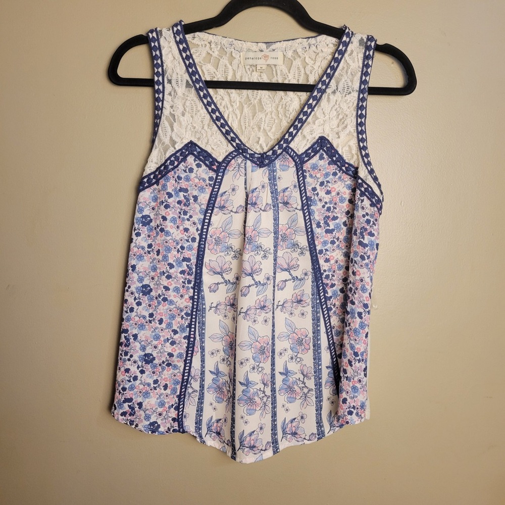 Penelope Rose Floral Lace Trim Sleeveless Boho Blouse Blue Pink Medium A0065-264